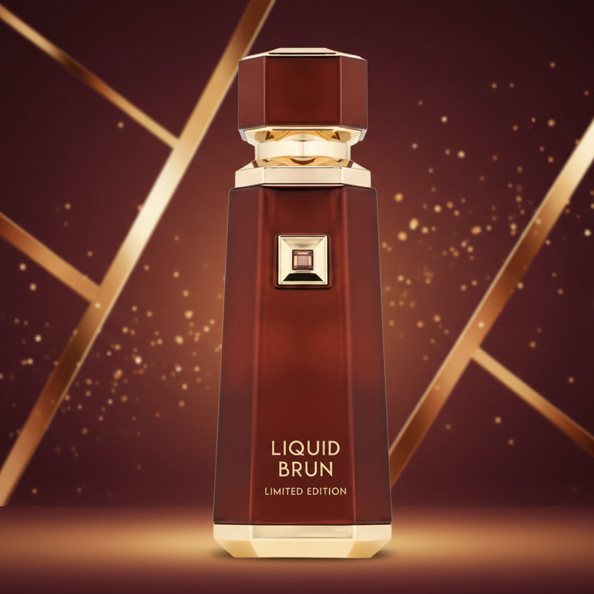 Brown and gold perfume bottle labeled 'Liquid Brun Limited Edition' on a white background